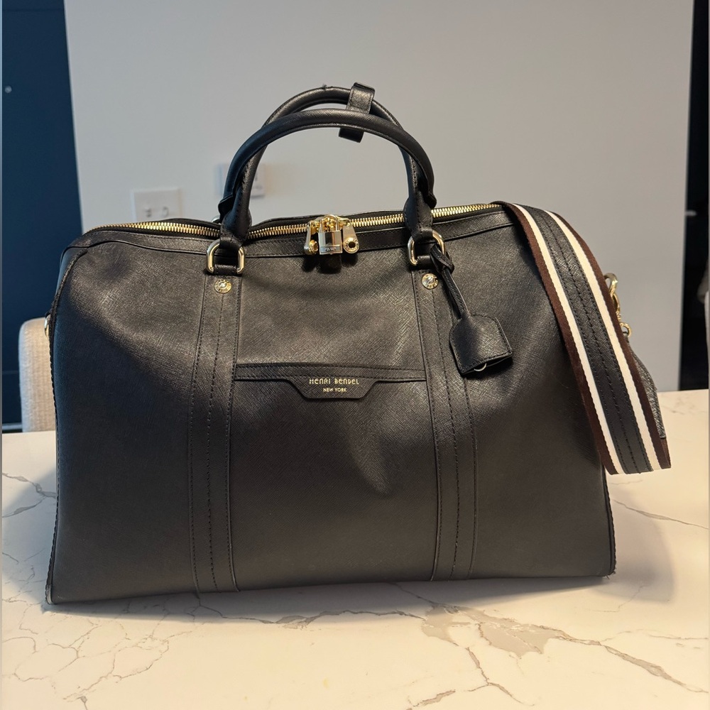Henri Bendel Black Leather Weekender Duffle Bag with Striped Strap